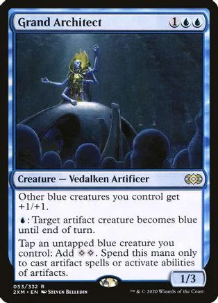 Blue and gold artificer figure on dark sphere, Magic: The Gathering card.