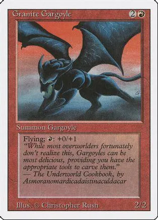 Dark, winged gargoyle creature on a card with orange and blue tones.