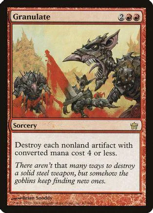 Dark goblin creatures attack on a fiery, orange landscape. Magic card.