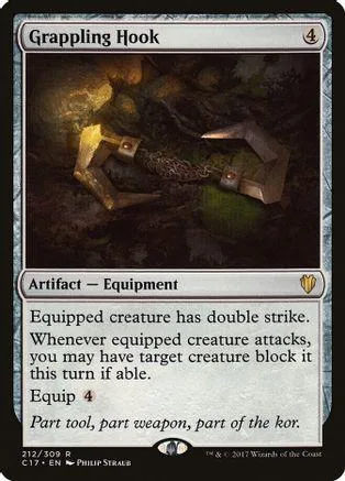 Metal grappling hook artifact card, dark forest background, black and gold text.
