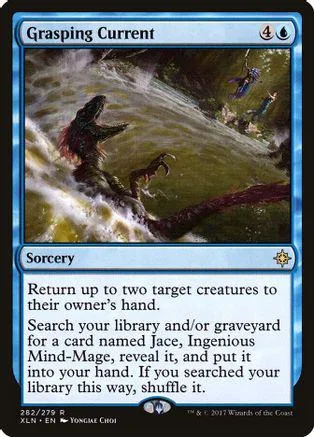Dark, stormy scene with figures in rushing water on a Magic: The Gathering card.