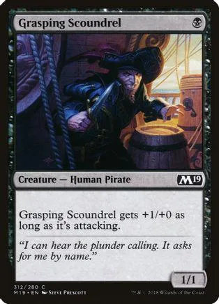 Pirate character on a Magic: The Gathering card, dark clothing, wooden barrel.