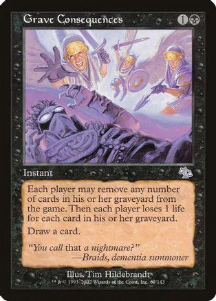 Magic: The Gathering card, Grave Consequences, purple and black artwork.