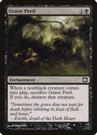 Dark forest scene on a card featuring "Grave Peril" enchantment text.