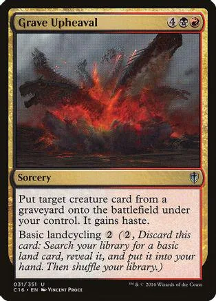 Dark, fiery scene on a black and gold Magic: The Gathering card.