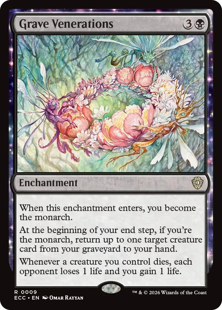 Magic: The Gathering card, Grave Venerations, featuring a floral wreath illustration.