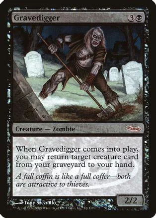 Zombie creature card art: pale figure with shovel in dark, spooky graveyard.