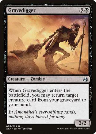 Zombie creature card, "Gravedigger," dark brown and orange art, standard Magic: The Gathering card.