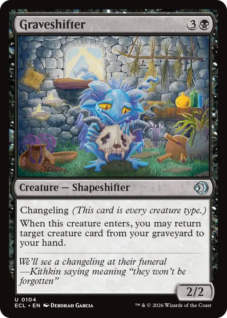 Blue, furry shapeshifter creature card with stone background art.