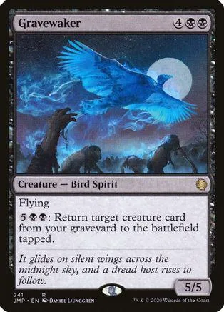 Blue bird spirit flying over dark silhouettes under a moon.