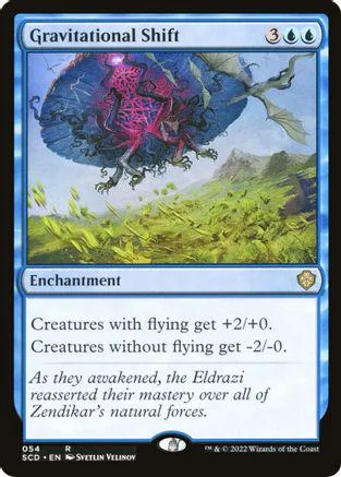 Blue and purple card art of a creature flying over green landscape. Gravitational Shift enchantment.