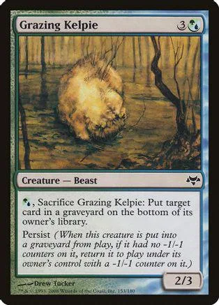 Beast creature card art: golden kelpie in a dark, wooded swamp.