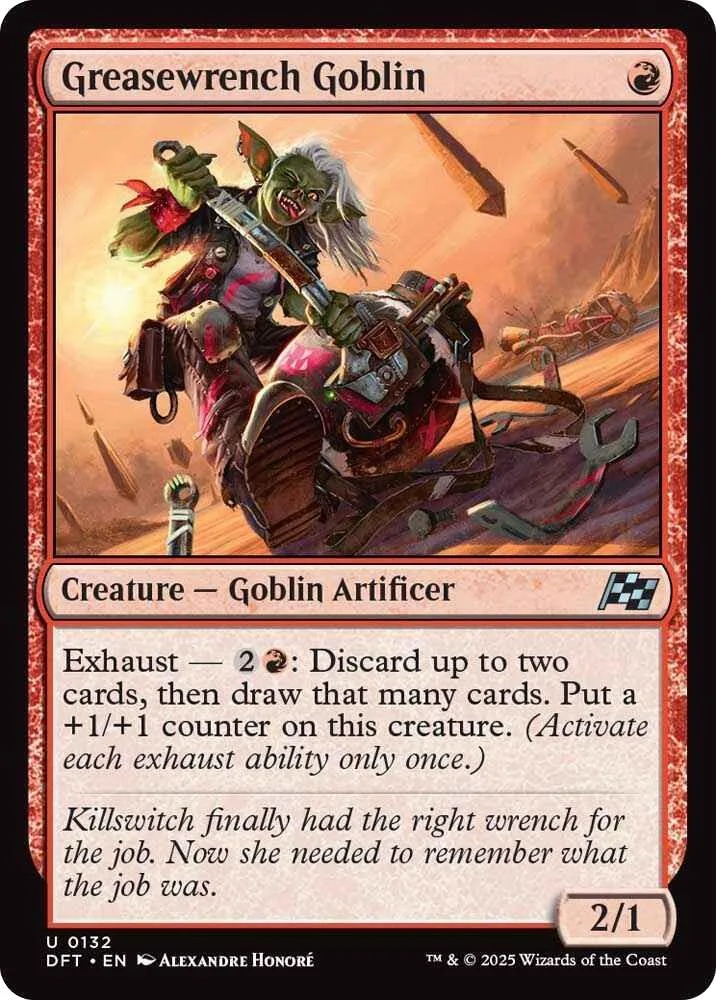 Goblin artificer creature card art, green and brown tones, showing a goblin with tools.