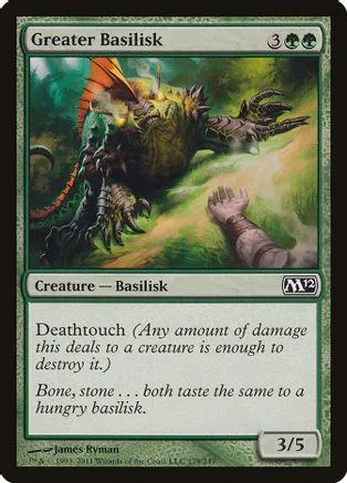 Green and brown basilisk monster on a Magic: The Gathering card.