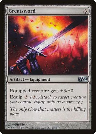 Silver sword slashing through fiery background on a Magic: The Gathering card.