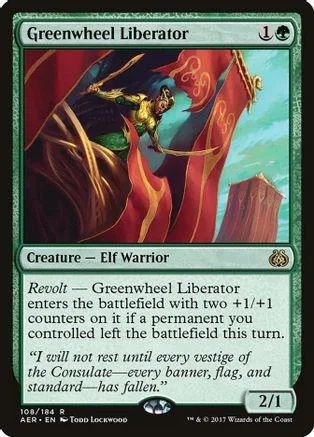 Elf warrior in red and gold cloak on a green background. Greenwheel Liberator card.