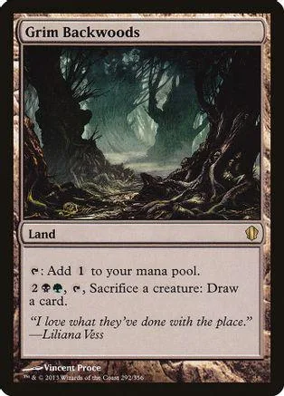 Dark forest landscape art on a Magic: The Gathering land card.