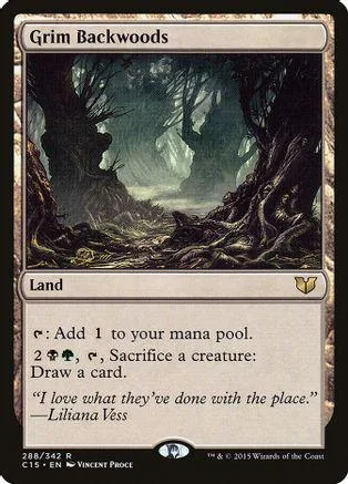 Dark, moody landscape art on a Magic: The Gathering land card.