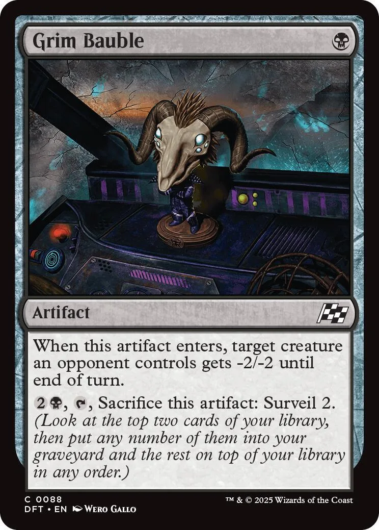 Dark, horned creature artifact card art on a black and purple background.