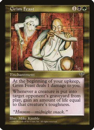 White-robed man eating with a bone, on a dark, textured card.
