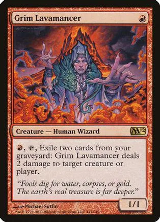 Wizard character in dark, fiery landscape on a Magic: The Gathering card.