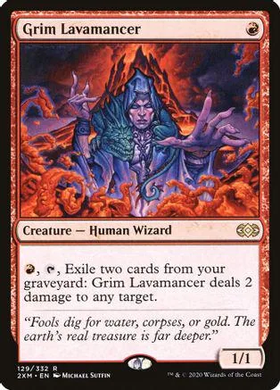 Wizard character in dark, fiery landscape on a Magic: The Gathering card.