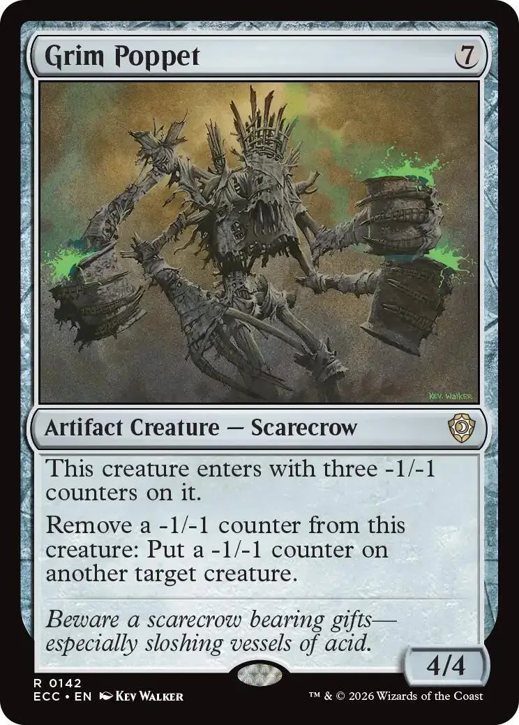 Grim Poppet creature card art: skeletal figure amidst green, earthy tones.