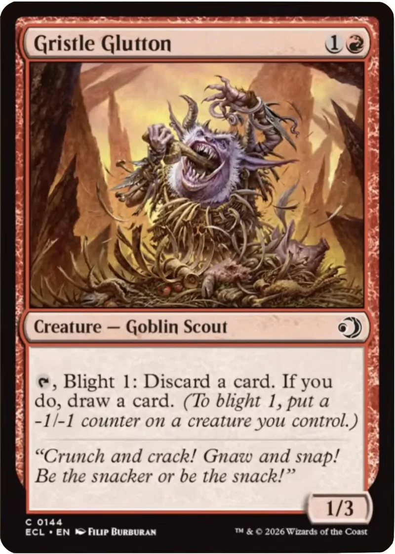 Goblin Scout creature card art: monstrous, gnashing creature in a dark, earthy setting.