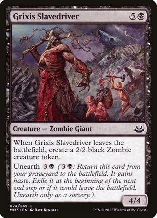 Red zombie giant figure in dark, stormy landscape on a black card.