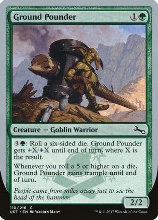 Goblin warrior with large hammer on a fantasy landscape card.