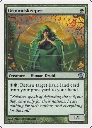 Green druid figure in flowing robes against fiery, autumnal background on card.