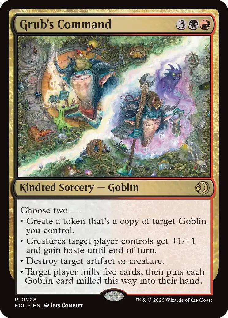 Magic: The Gathering card, Grub's Command, featuring goblin art and black frame.