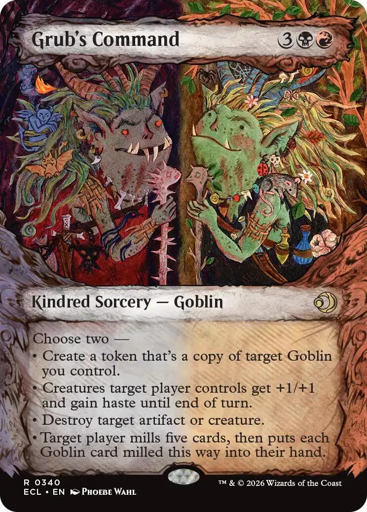 Goblin creature card art, featuring two goblins in a forest setting.