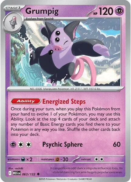 Purple and black creature card, Grumpig, with HP 120.
