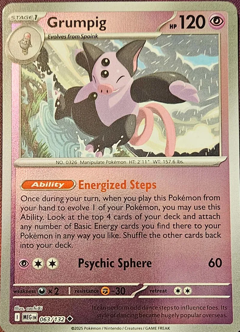 Purple and black Pokémon card, Grumpig, with HP 120.