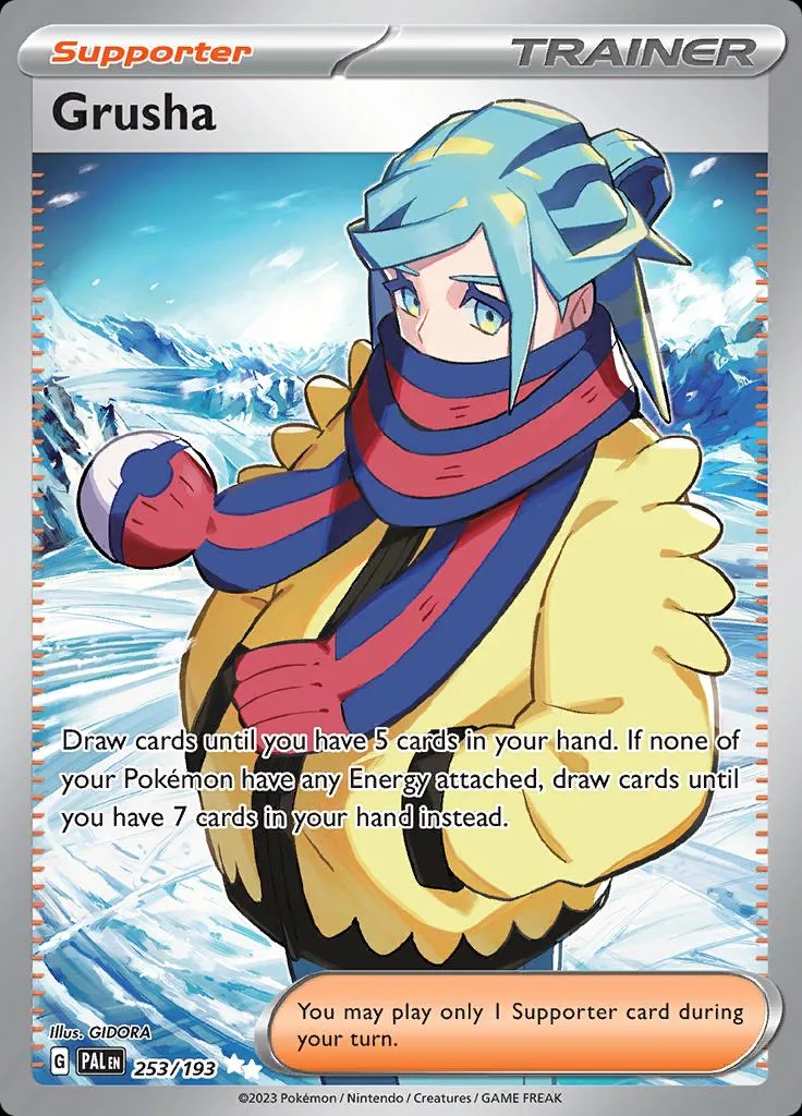 Character in blue and yellow winter gear on a snowy background. Trainer card.