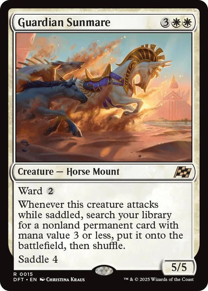 White and brown horse mount on a fiery, orange landscape. Magic: The Gathering card.