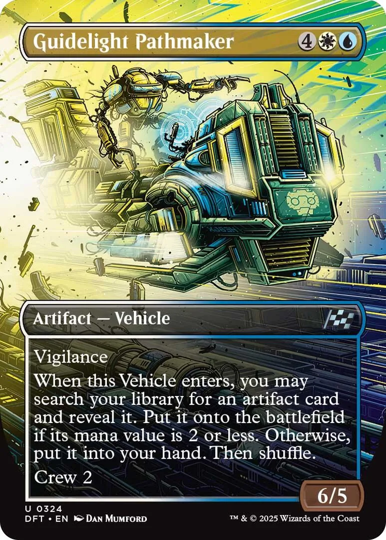 Blue and green mechanical vehicle card art, "Guidelight Pathmaker," with text.