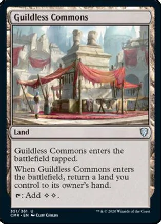 Card art depicts a fantasy village scene under a red awning. Guildless Commons land card.