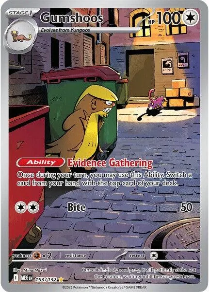 Gumshoos Pokémon card, brown and yellow, showing ability and attack stats.