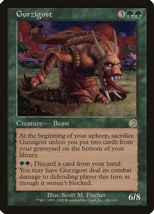 Large, brown, monstrous creature on a dark, fiery landscape card.