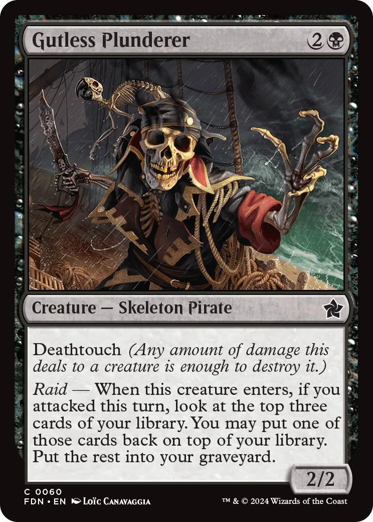 Skeleton pirate card art, dark tones, showing a skull figure with pirate gear.