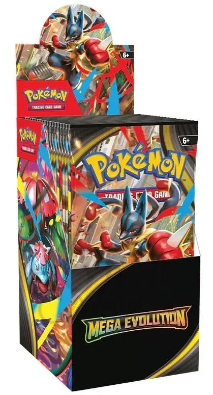 Pokémon Trading Card Game Mega Evolution booster box, colorful packaging.