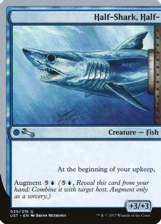 Blue and white shark creature card art, showing a large shark swimming.