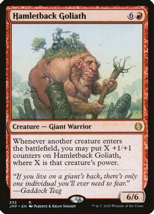 Giant warrior creature card art, brown skin, holding a branch.