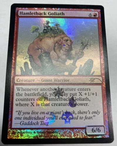 Giant warrior creature card, Hamletback Goliath, brown and blue art, 6/6 stats.