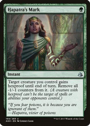 Card art depicts woman in green and gold, titled "Hapatra's Mark.