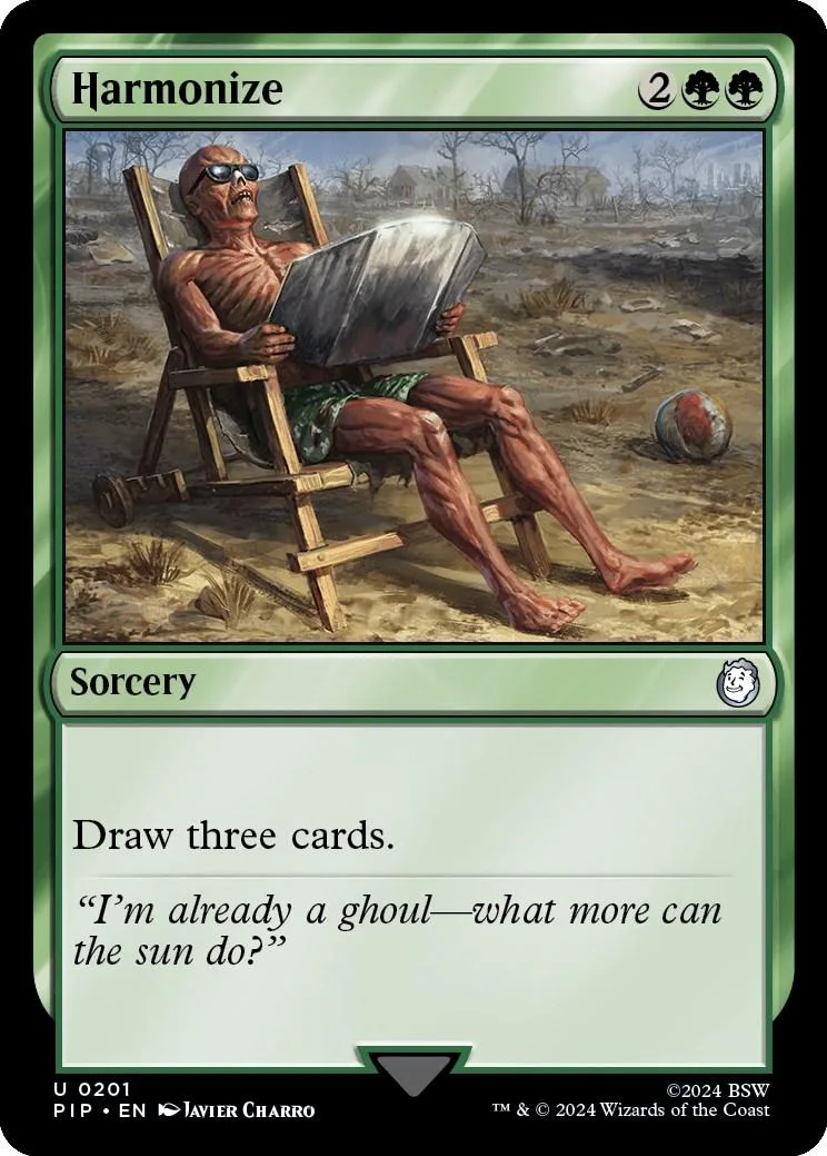 Card art shows man in chair reading book outdoors. Green and black frame.