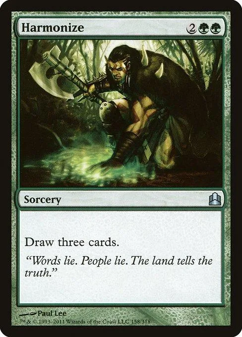Dark warrior with axe in green forest, black and green card art.
