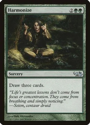 Card art: person in woods with glowing hands. Black and green tones.
